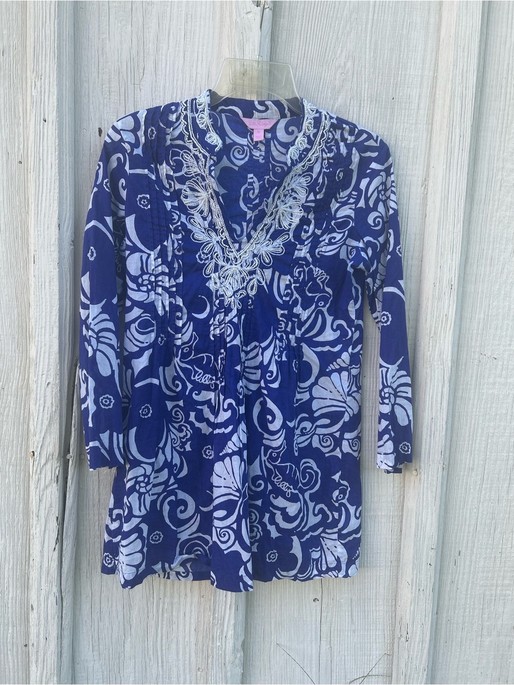 Lilly Pulitzer XS Beaded Tunic  Blue White Floral Seashell 100% Cotton